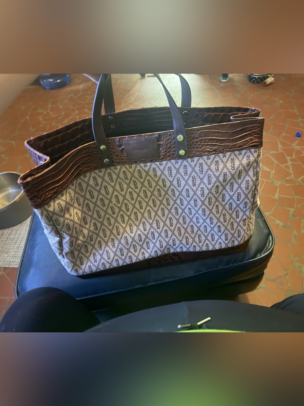 Brahmin Brown Trim Beige Monogram Tote